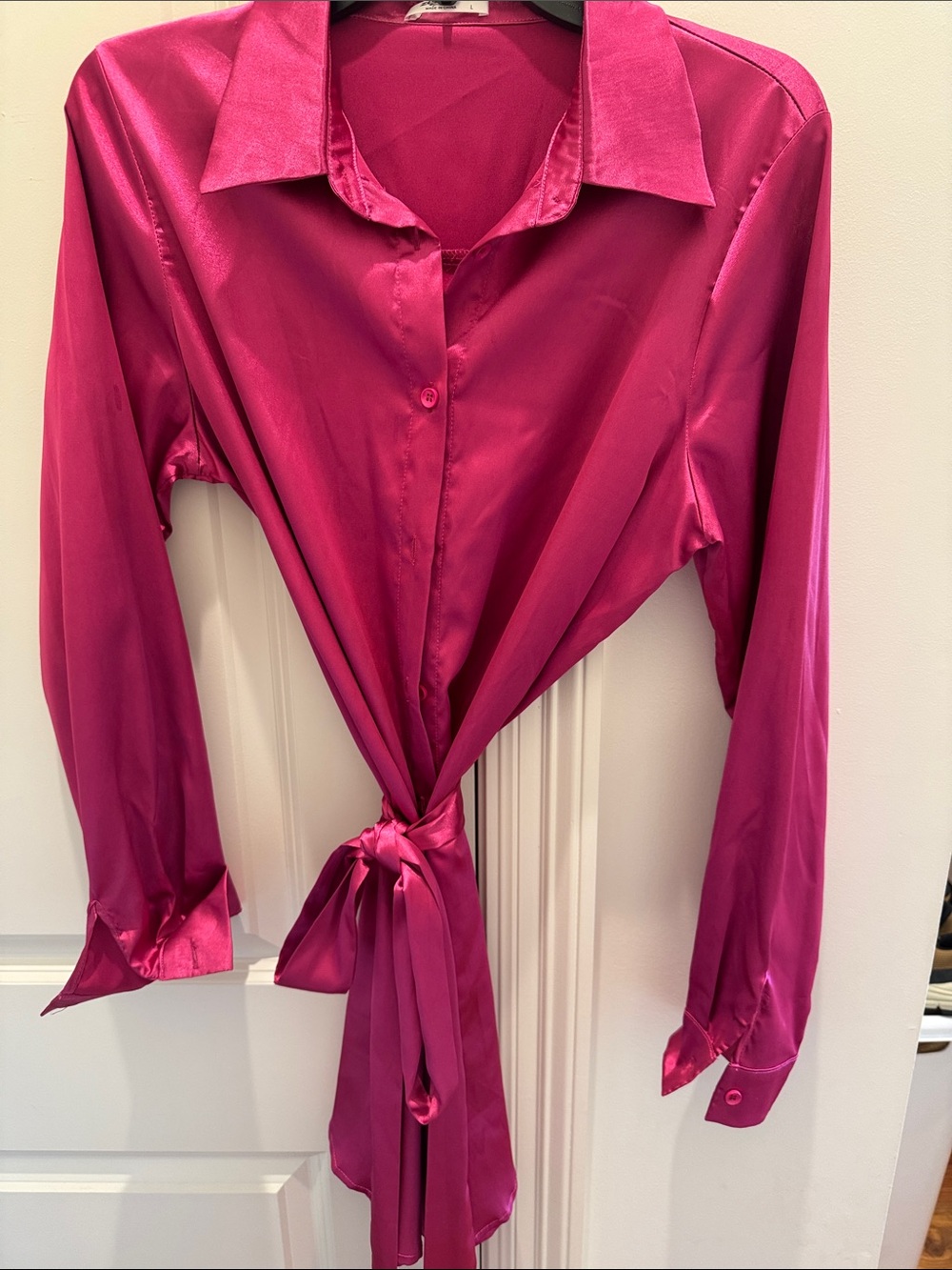 Silky Tie-Front Button-Up dress - Fuchsia Pink